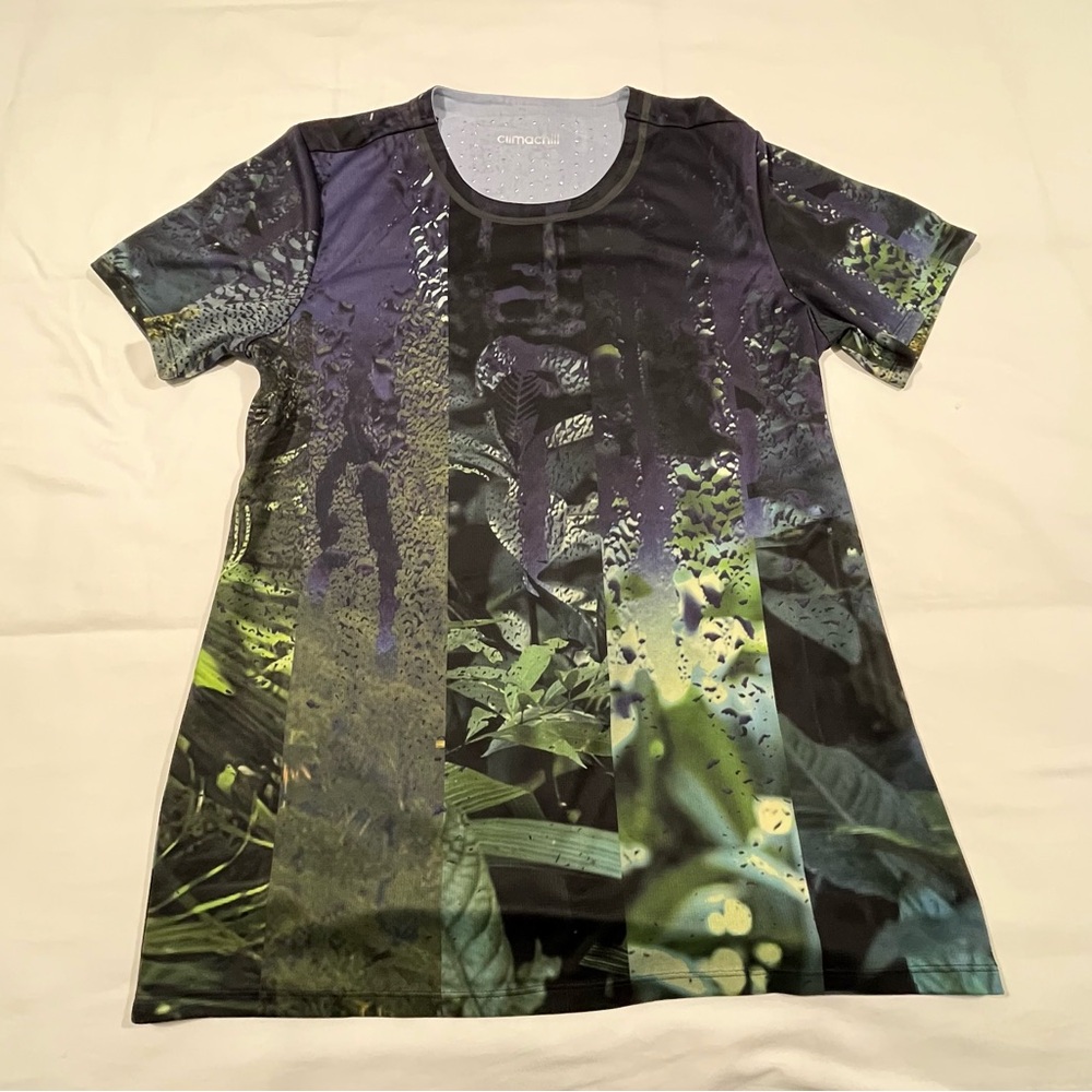Two Green and Blue Short Sleeve Tees - one Nature-Inspired and one Adidas Camo